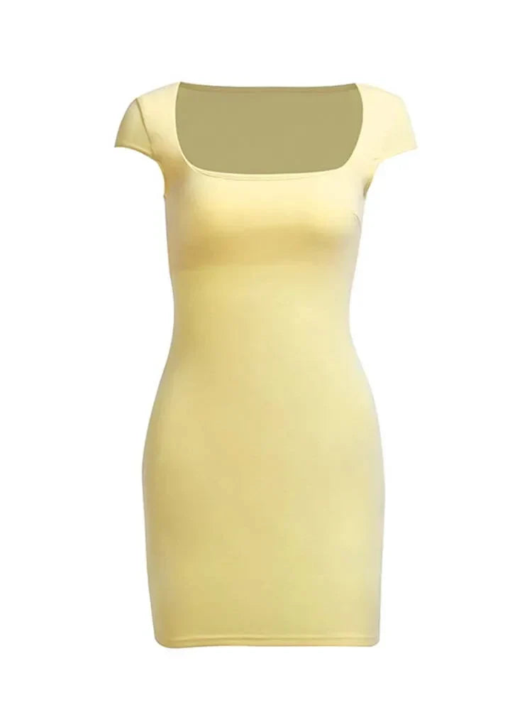 Square Neck Cap Sleeve Ruched Waist Bodycon Mini Dress