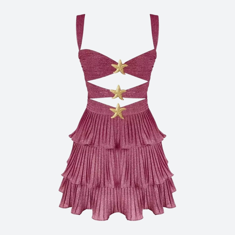 Sweetheart Neckline Starfish Embellished Cutout Tiered Ruffle Pleated Mini Dress