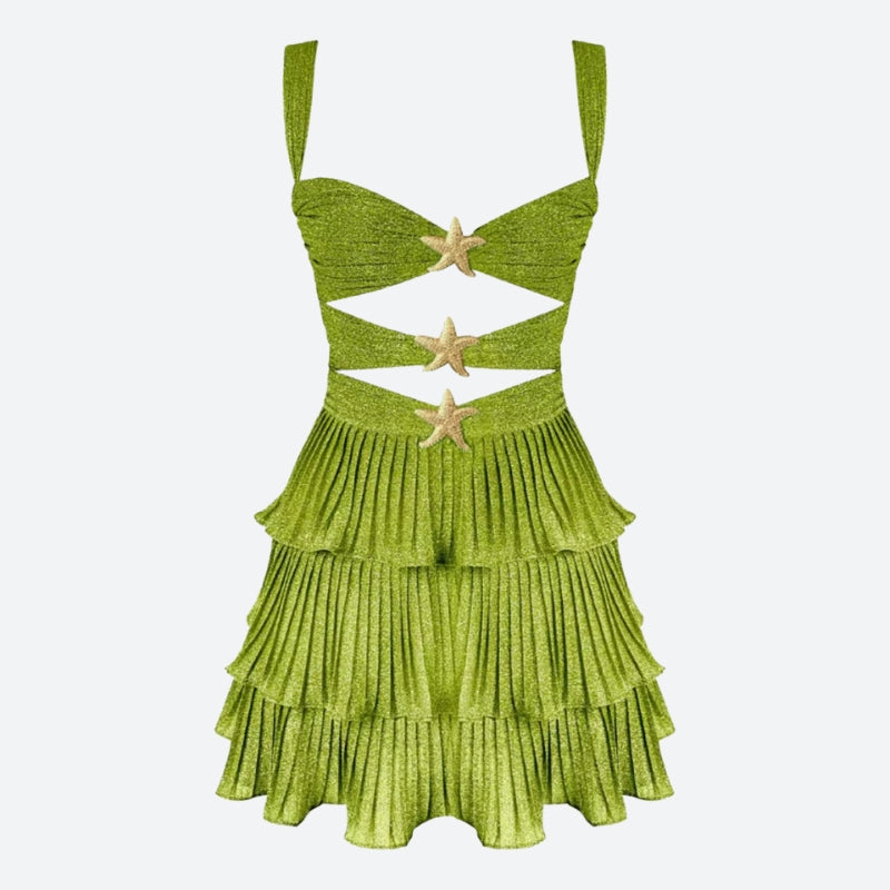 Sweetheart Neckline Starfish Embellished Cutout Tiered Ruffle Pleated Mini Dress