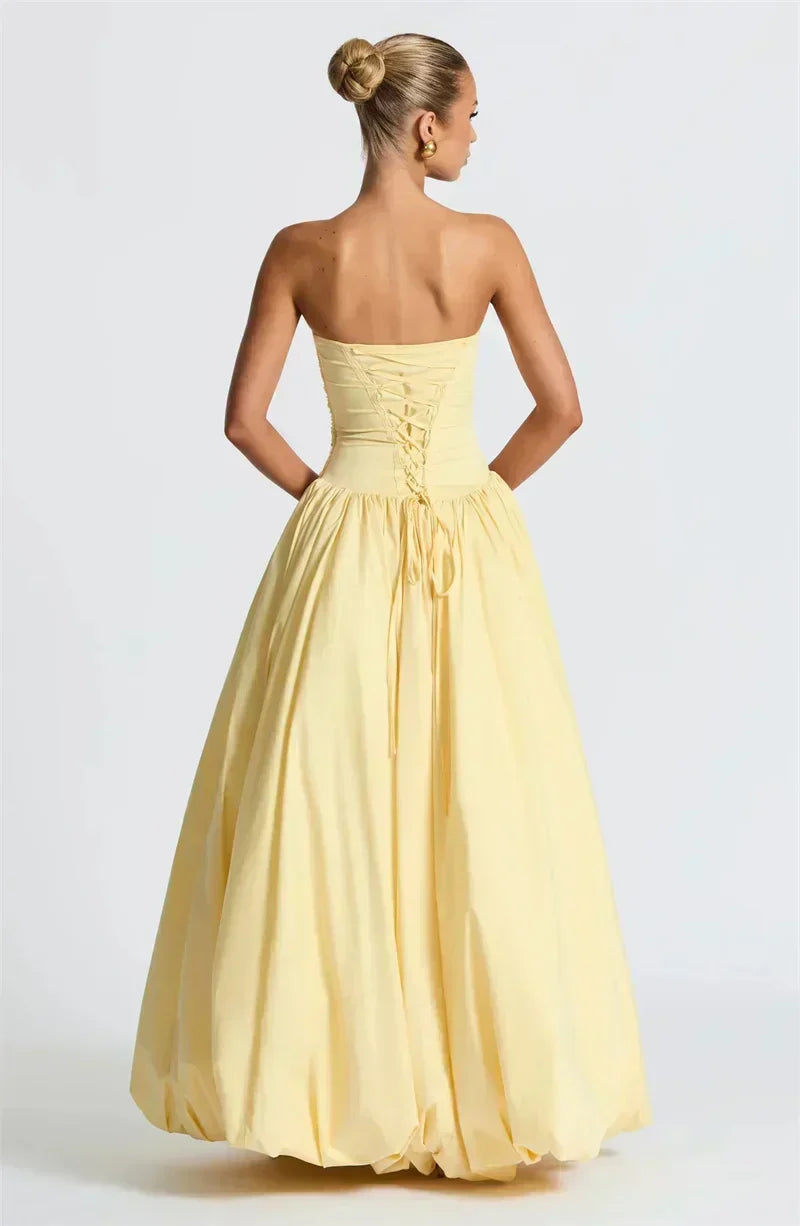 Strapless Ruched Bodice High Split Draped Column Maxi Gown