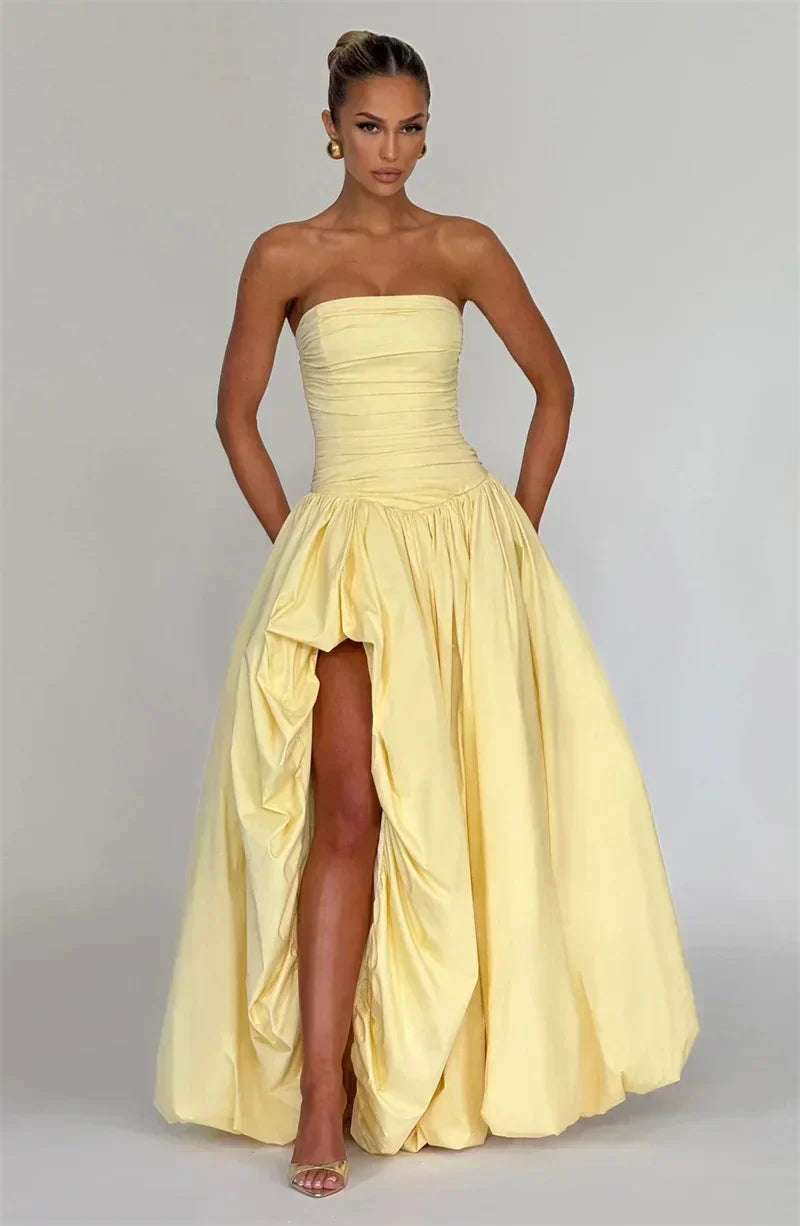 Strapless Ruched Bodice High Split Draped Column Maxi Gown
