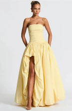 Strapless Ruched Bodice High Split Draped Column Maxi Gown
