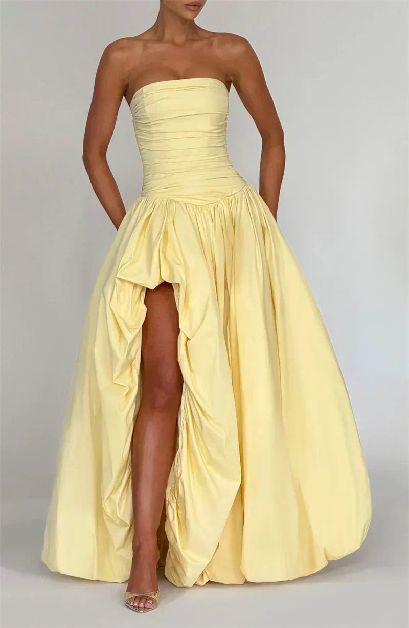 Strapless Ruched Bodice High Split Draped Column Maxi Gown