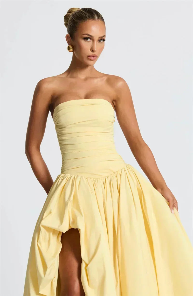 Strapless Ruched Bodice High Split Draped Column Maxi Gown