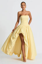 Strapless Ruched Bodice High Split Draped Column Maxi Gown