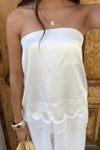 Lace Hem Satin Strapless Tops