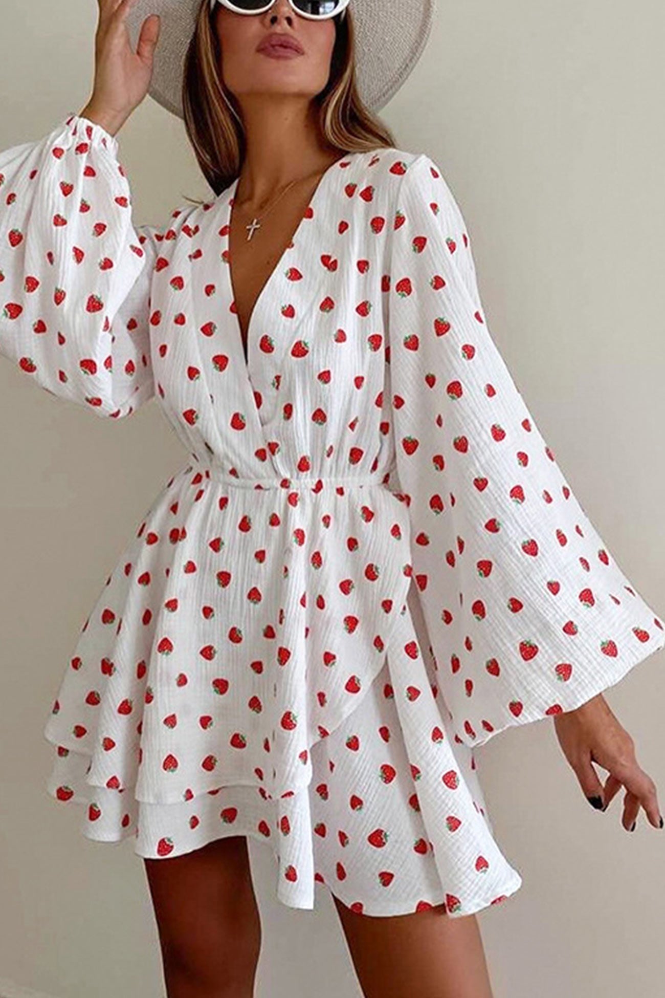 Strawberry Print Wrap Deep V-Neck Bell Sleeve Tiered Ruffle Mini Dress