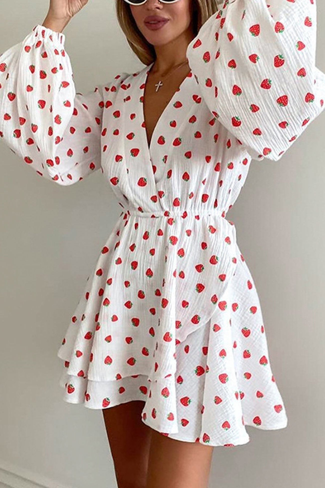 Strawberry Print Wrap Deep V-Neck Bell Sleeve Tiered Ruffle Mini Dress