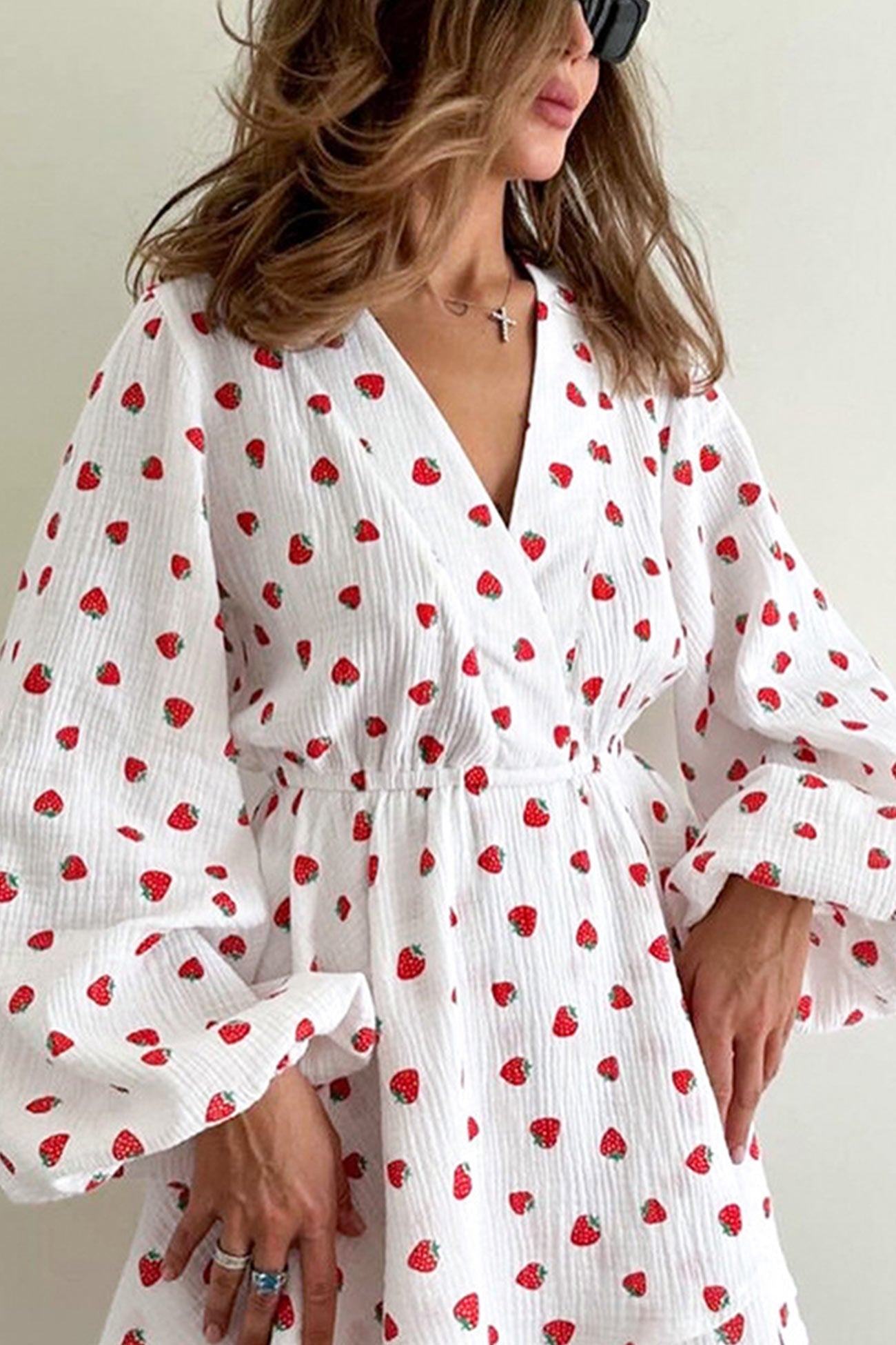 Strawberry Print Wrap Deep V-Neck Bell Sleeve Tiered Ruffle Mini Dress