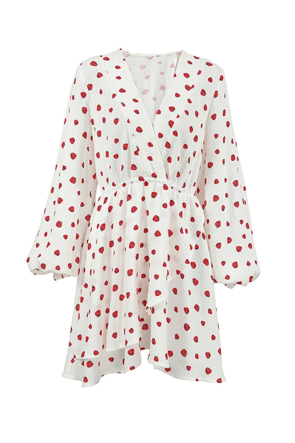 Strawberry Print Wrap Deep V-Neck Bell Sleeve Tiered Ruffle Mini Dress