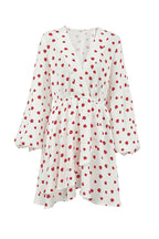 Strawberry Print Wrap Deep V-Neck Bell Sleeve Tiered Ruffle Mini Dress