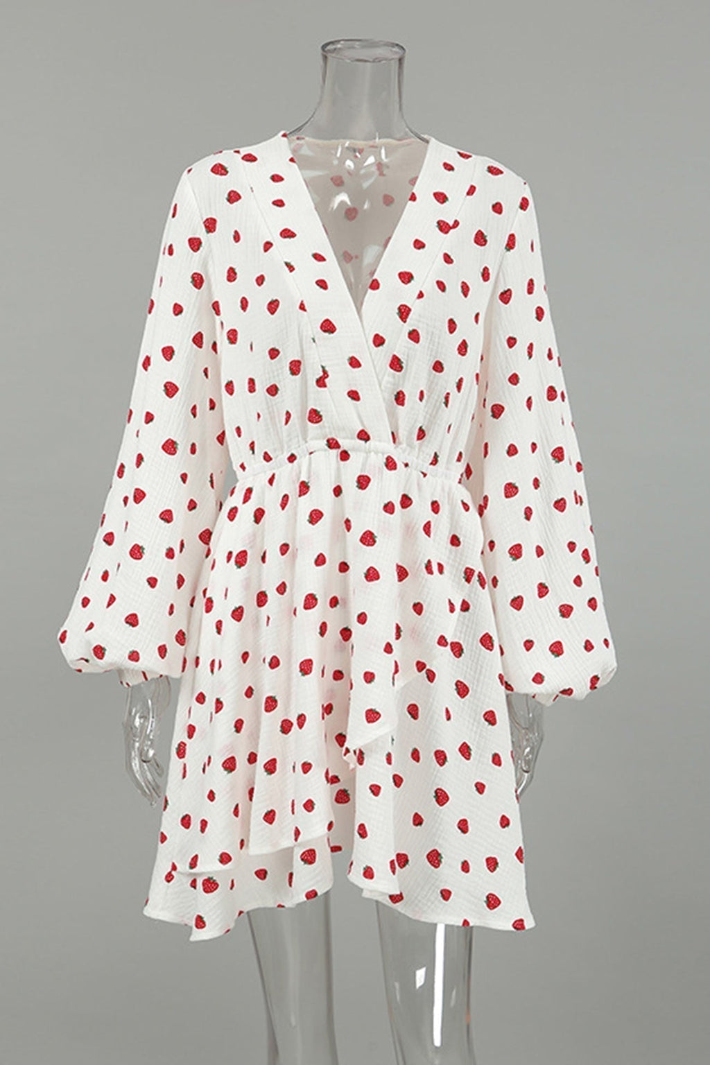 Strawberry Print Wrap Deep V-Neck Bell Sleeve Tiered Ruffle Mini Dress
