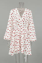 Strawberry Print Wrap Deep V-Neck Bell Sleeve Tiered Ruffle Mini Dress