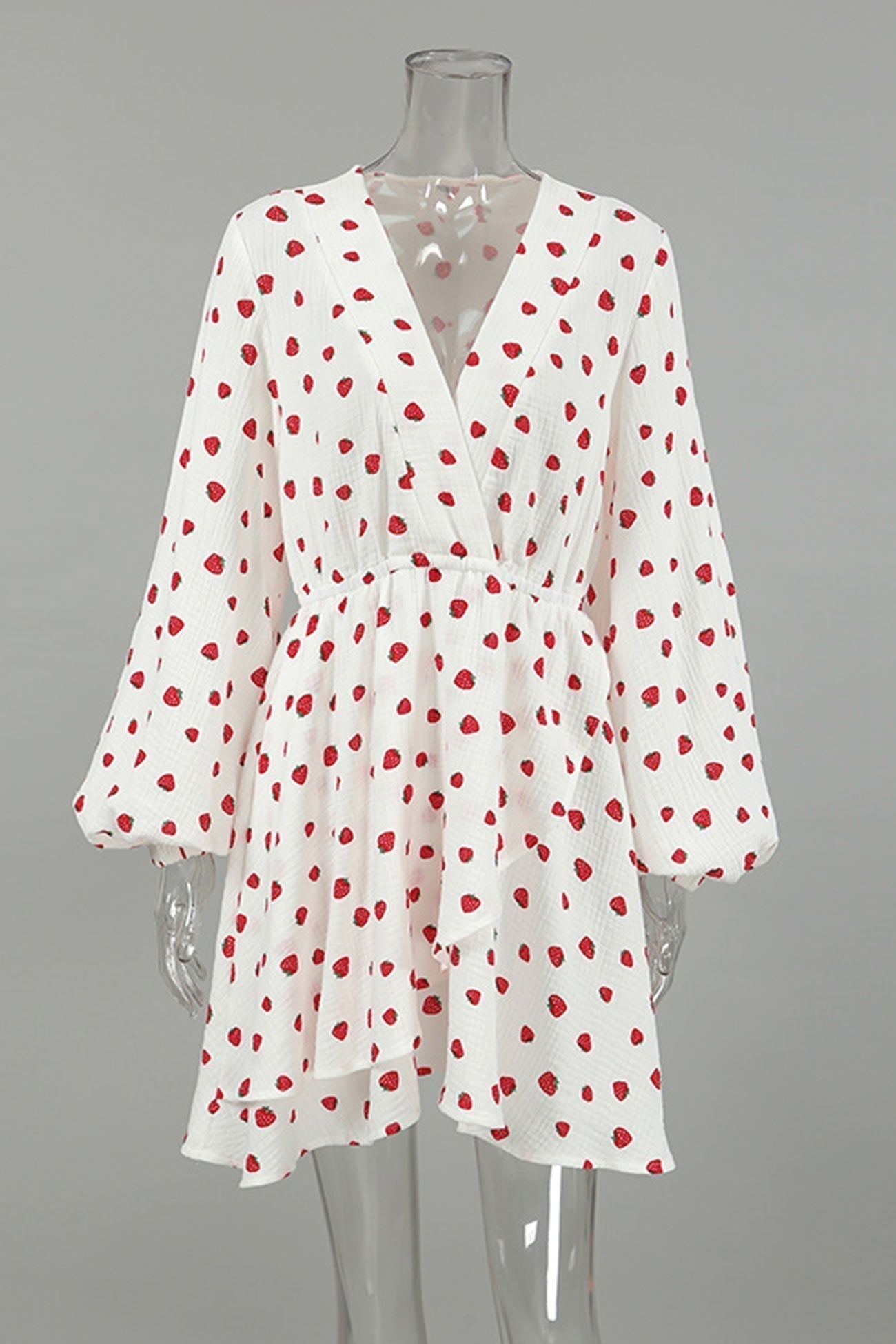 Strawberry Print Wrap Deep V-Neck Bell Sleeve Tiered Ruffle Mini Dress