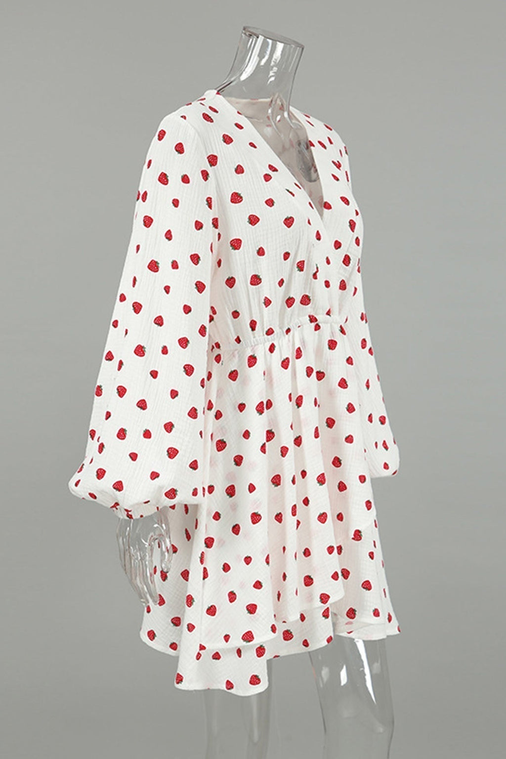 Strawberry Print Wrap Deep V-Neck Bell Sleeve Tiered Ruffle Mini Dress
