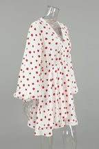 Strawberry Print Wrap Deep V-Neck Bell Sleeve Tiered Ruffle Mini Dress