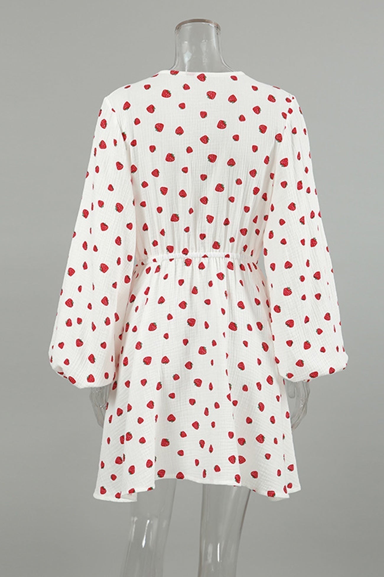 Strawberry Print Wrap Deep V-Neck Bell Sleeve Tiered Ruffle Mini Dress