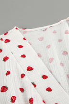 Strawberry Print Wrap Deep V-Neck Bell Sleeve Tiered Ruffle Mini Dress