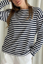 Striped Crew Neck Long Sleeve Cotton T-shirt