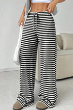 Striped Drawstring Waist Cotton Long Pants