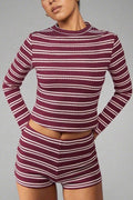 Striped Long Sleeve Cropped Top Two-piece Shorts Sets