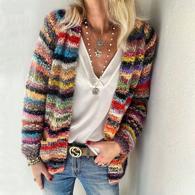 Striped Textured Knit Women__ Cardigan