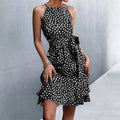 Polka Dot Print Halter Tie Waist Ruffle Hem Mini Dress
