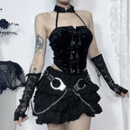 New Arrival Spicy Girl Gothic Style Sexy Choker Neck Black Button Crop Top