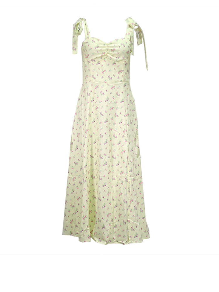 Ditsy Floral Print Sweetheart Tie Strap High Split Midi Dress