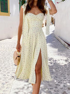 Ditsy Floral Print Sweetheart Tie Strap High Split Midi Dress