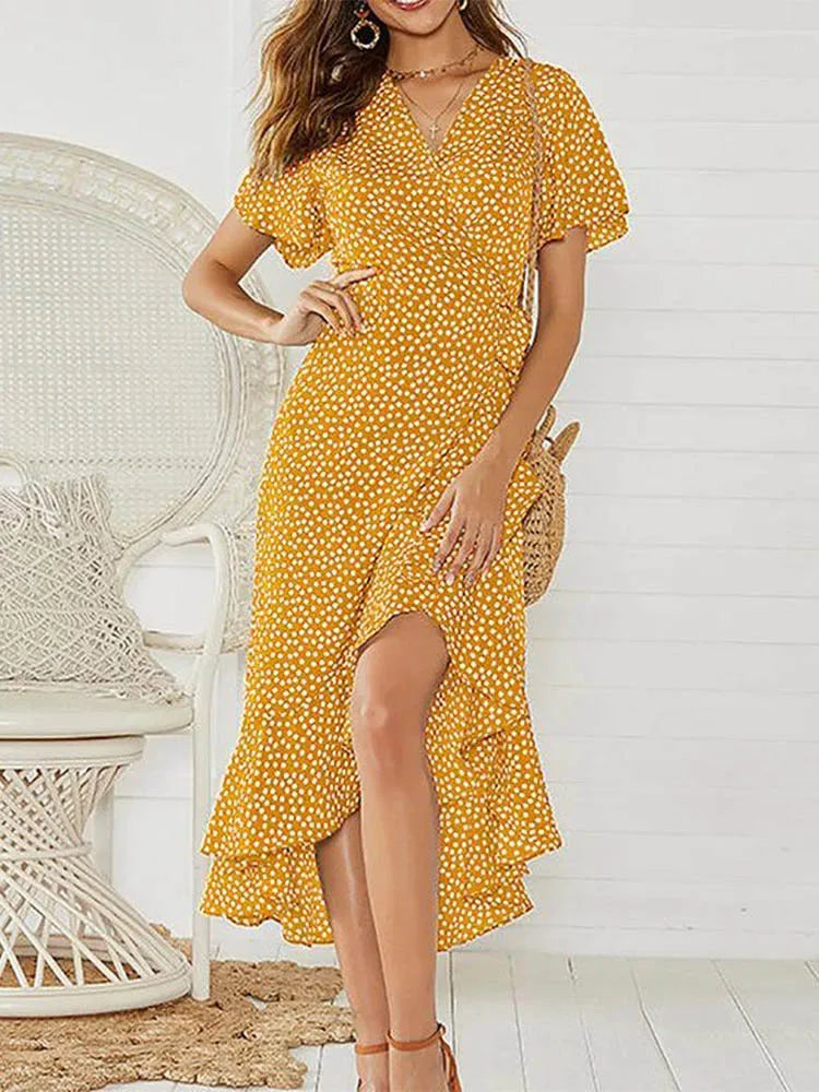 Wrap V-Neck Flutter Sleeve Tie Waist High-Low Ruffle Hem Midi Dress