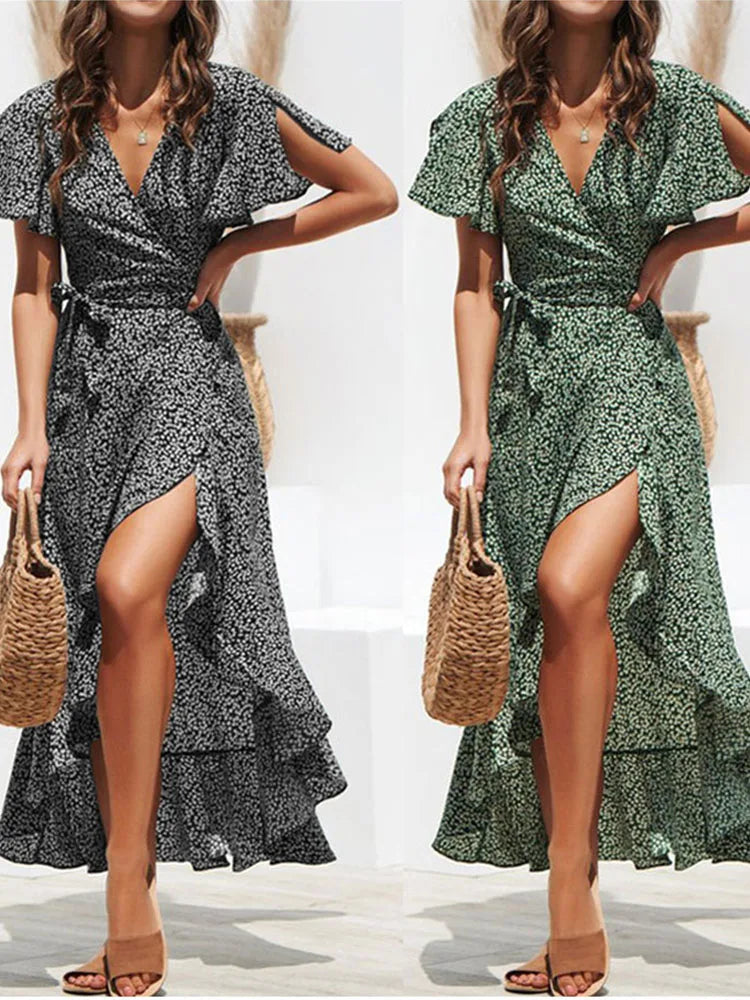 Ditsy Floral Wrap Flutter Sleeve High Low Hem Midi Dress