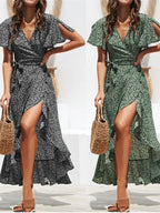 Ditsy Floral Wrap Flutter Sleeve High Low Hem Midi Dress