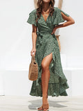 Ditsy Floral Wrap Flutter Sleeve High Low Hem Midi Dress