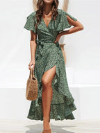 Wrap V-Neck Flutter Sleeve Tie Waist High-Low Ruffle Hem Midi Dress
