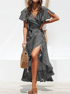 Ditsy Floral Wrap Flutter Sleeve High Low Hem Midi Dress