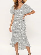 Ditsy Floral Wrap Flutter Sleeve High Low Hem Midi Dress