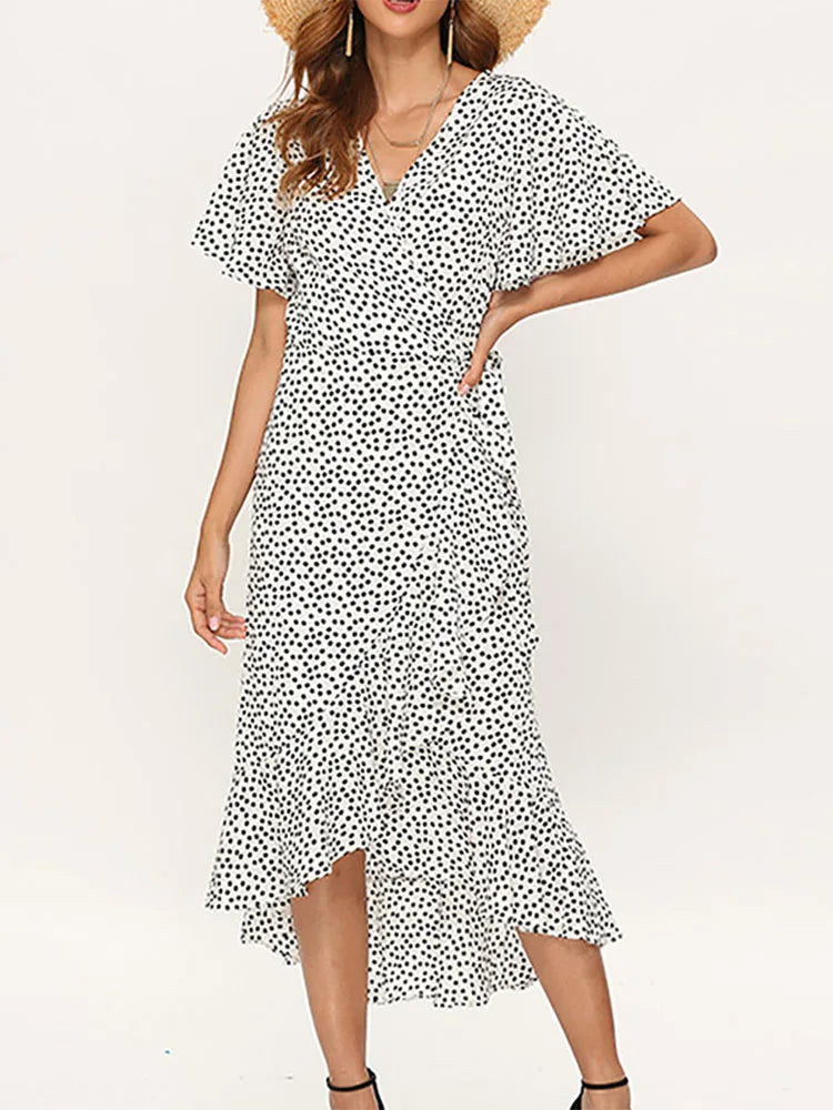 Ditsy Floral Wrap Flutter Sleeve High Low Hem Midi Dress