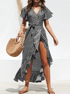 Ditsy Floral Wrap Flutter Sleeve High Low Hem Midi Dress