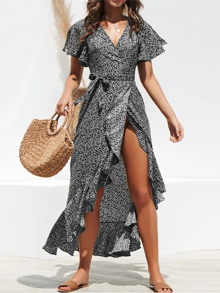 Ditsy Floral Wrap Flutter Sleeve High Low Hem Midi Dress