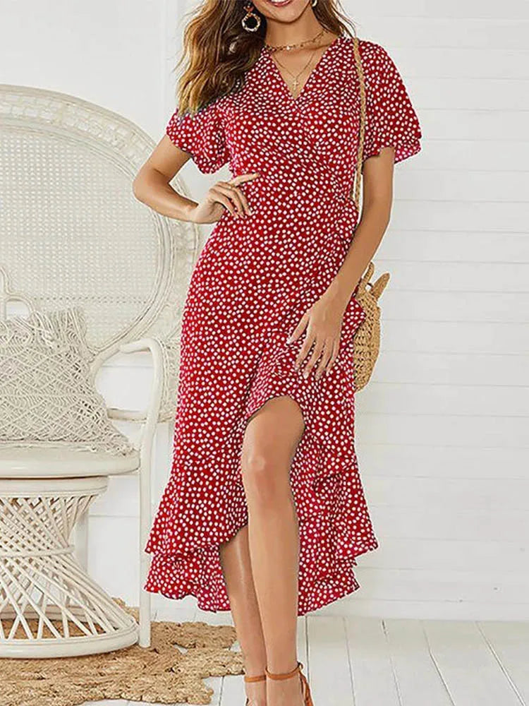 Wrap V-Neck Flutter Sleeve Tie Waist High-Low Ruffle Hem Midi Dress