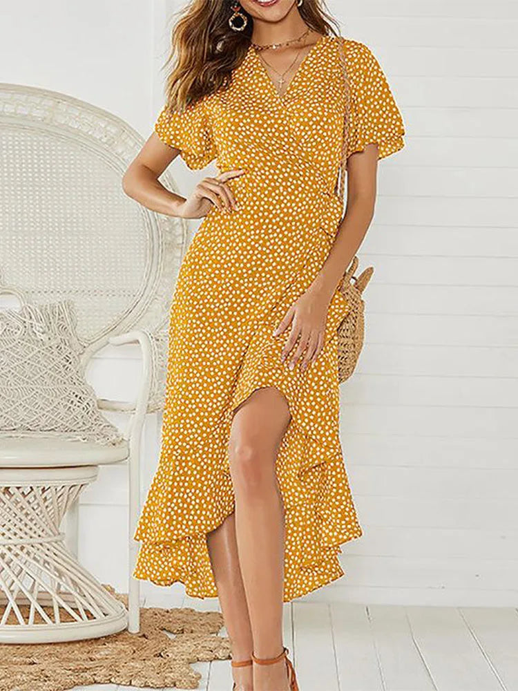 Ditsy Floral Wrap Flutter Sleeve High Low Hem Midi Dress