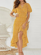 Ditsy Floral Wrap Flutter Sleeve High Low Hem Midi Dress