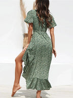 Wrap V-Neck Flutter Sleeve Tie Waist High-Low Ruffle Hem Midi Dress