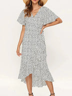 Wrap V-Neck Flutter Sleeve Tie Waist High-Low Ruffle Hem Midi Dress