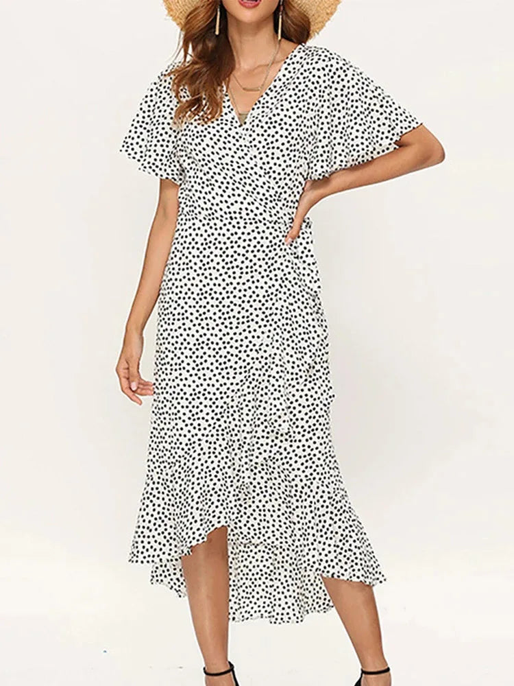 Wrap V-Neck Flutter Sleeve Tie Waist High-Low Ruffle Hem Midi Dress