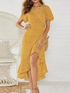 Wrap V-Neck Flutter Sleeve Tie Waist High-Low Ruffle Hem Midi Dress
