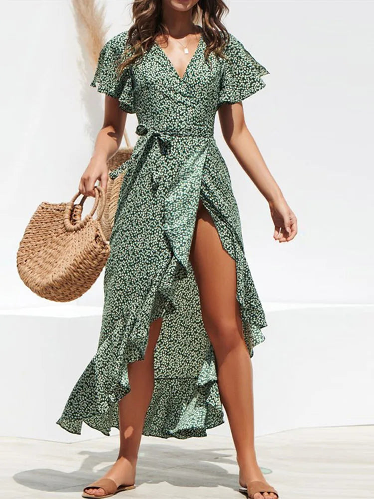 Ditsy Floral Wrap Flutter Sleeve High Low Hem Midi Dress
