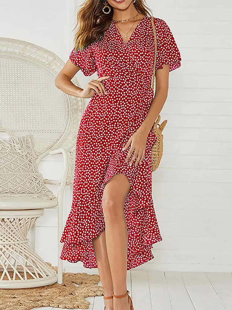 Ditsy Floral Wrap Flutter Sleeve High Low Hem Midi Dress