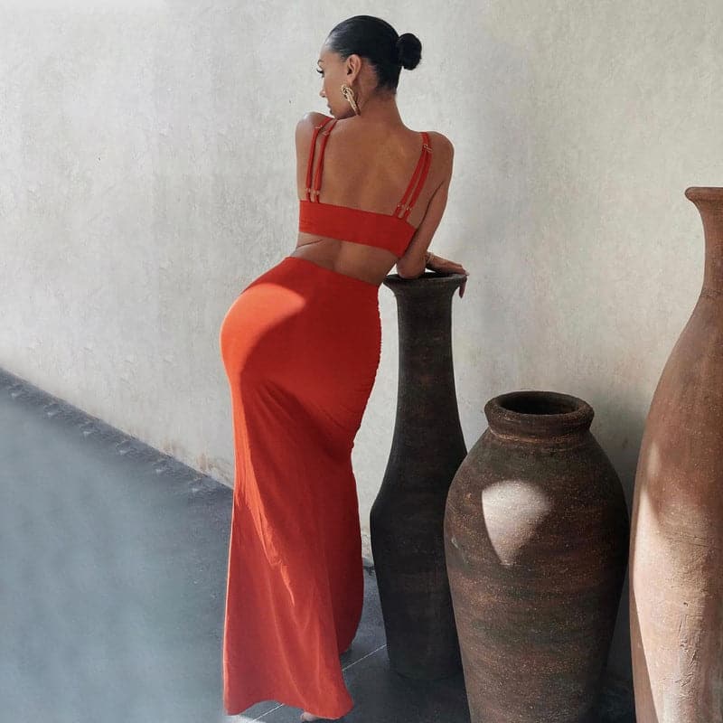 Spaghetti Strap V-Neck Waist Cut Out High Split Bodycon Maxi Dress
